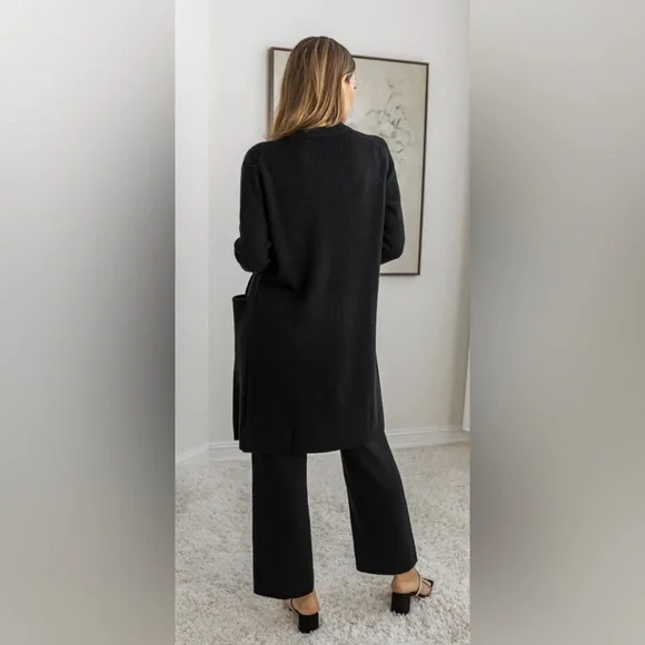 Ravella Winslet Cashmere Cardigan Coat Size Large In Caviar Black Rib Knit - Picture 2 of 8